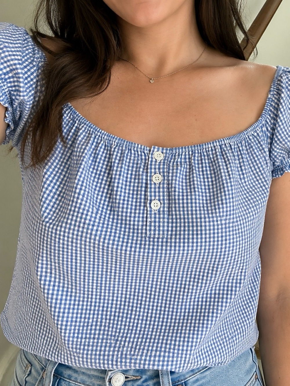 Brandy Melville John Galt Clarisse Blue & White Gingham Off the Shoulder Top OS - Picture 1 of 7